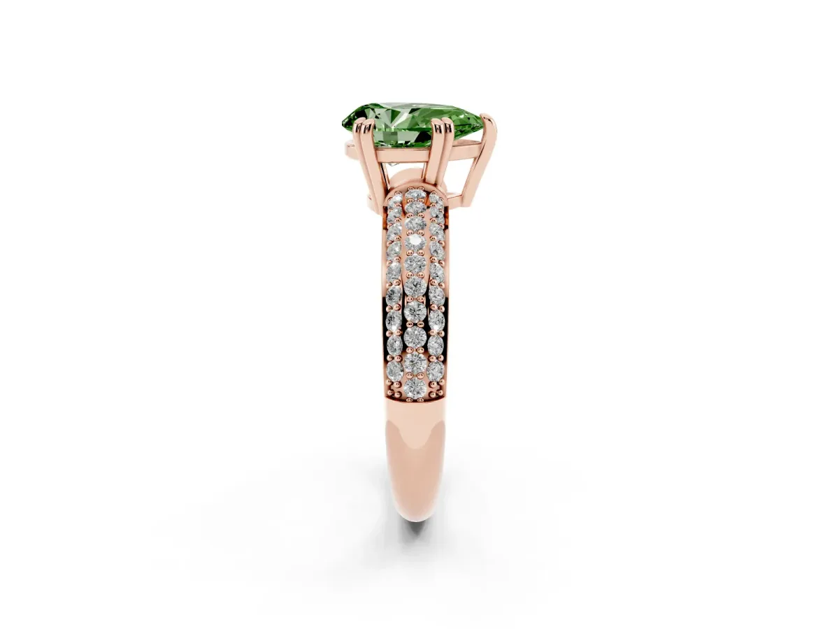 Fancy Green Pear Cut Diamond Solitaire Ring with Multi-Row Round Pavé Band and Prong Setting Rose gold