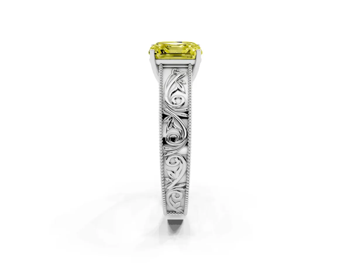 Fancy Yellow Asscher Cut Diamond Solitaire Ring with Engraved Band and Four-Prong Setting Platinum