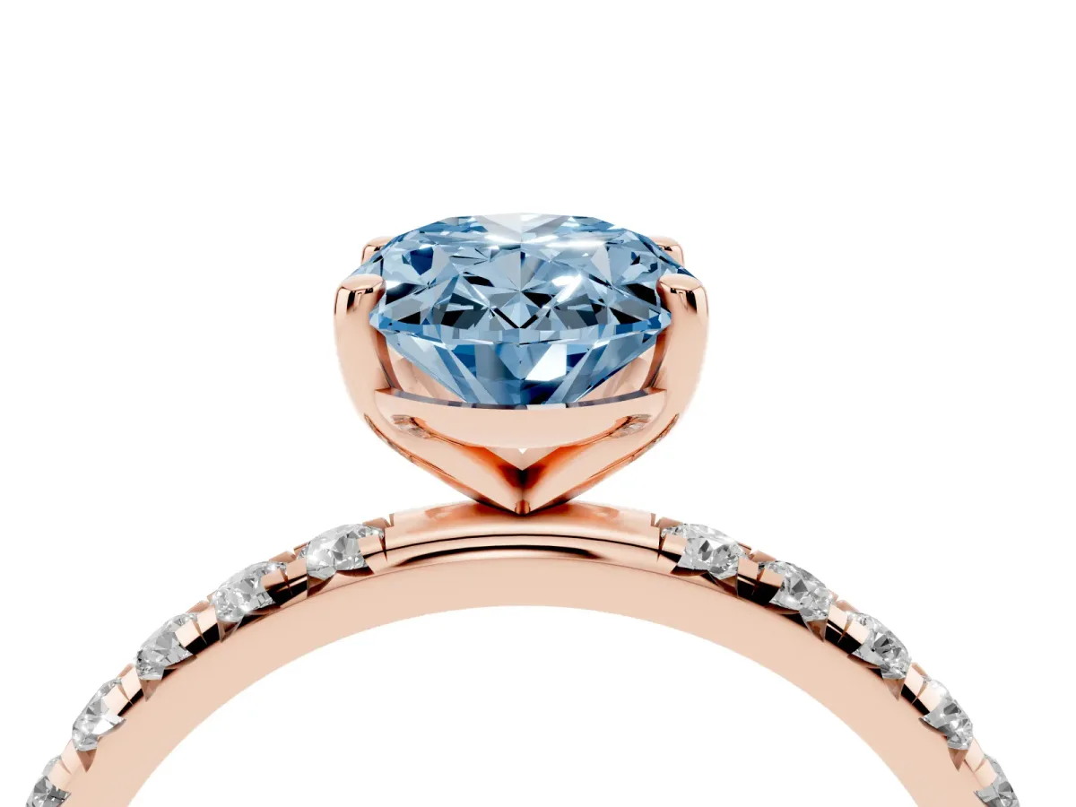 Fancy Blue Oval Cut Cut Diamond Solitaire Ring with Micro Pave Band and Four Prong Setting Rose gold