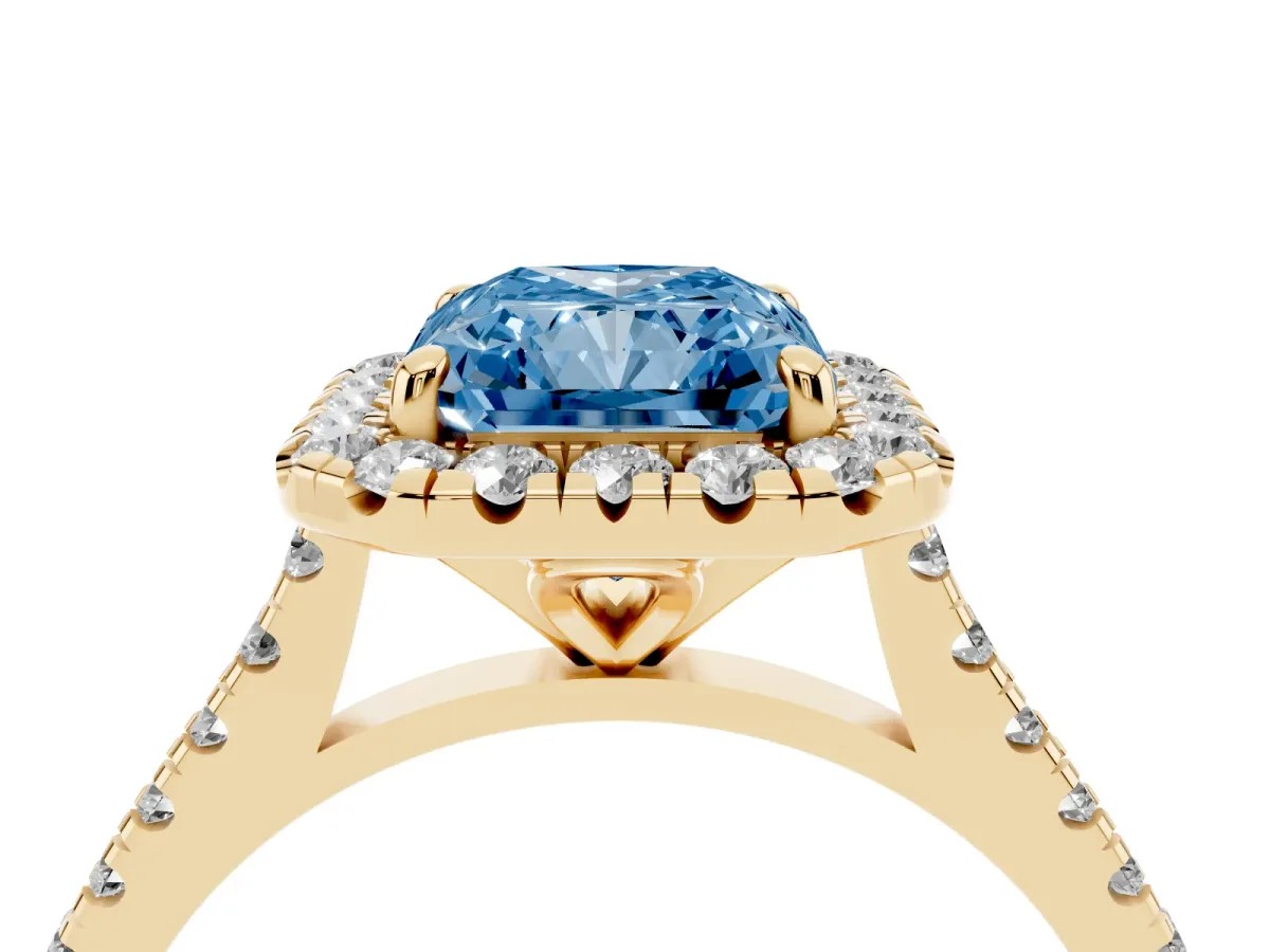 Fancy Blue Radiant Cut Diamond Cushion Halo Ring with Pavé Band Yellow gold