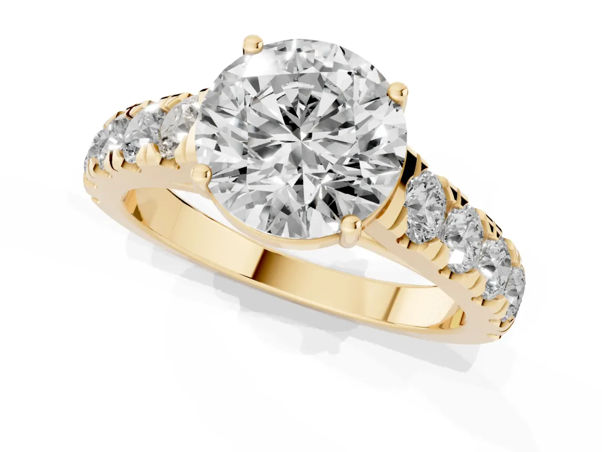 Round Cut Cut Diamond Solitaire Ring with Micro Pave Band and Prong Setting Yellow gold
