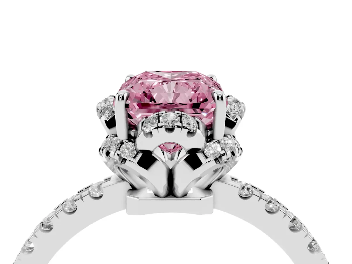 Fancy Pink Radiant Cut Halo Diamond Pave Band Ring with Four-Prong Setting Silver