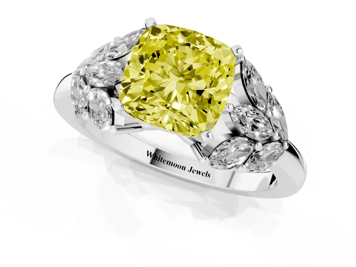 Fancy Yellow Cushion Cut Diamond Cluster Leaf Design Ring with Prong Setting Silver