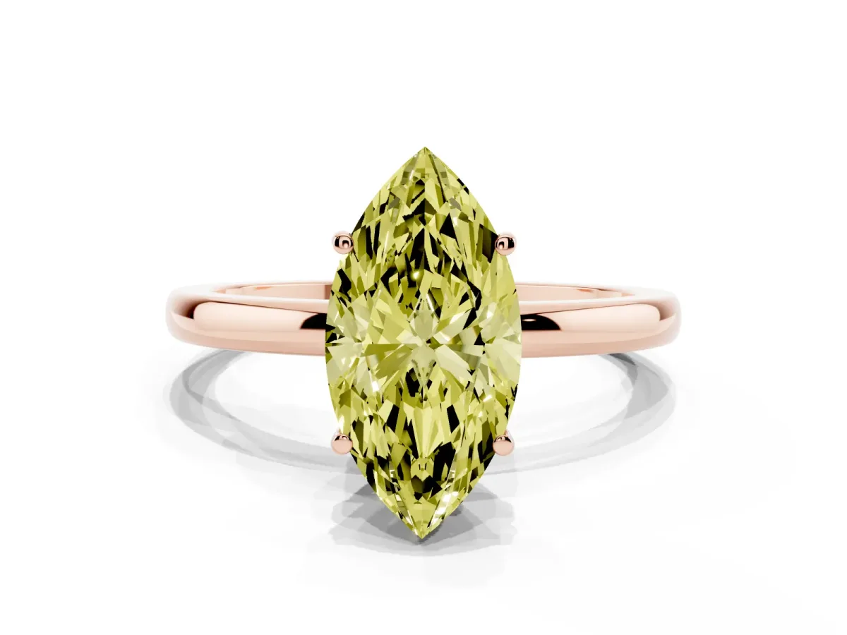 Fancy Yellow Marquise Cut Solitaire Diamond Ring with Prong Setting and Plain Band Rose gold
