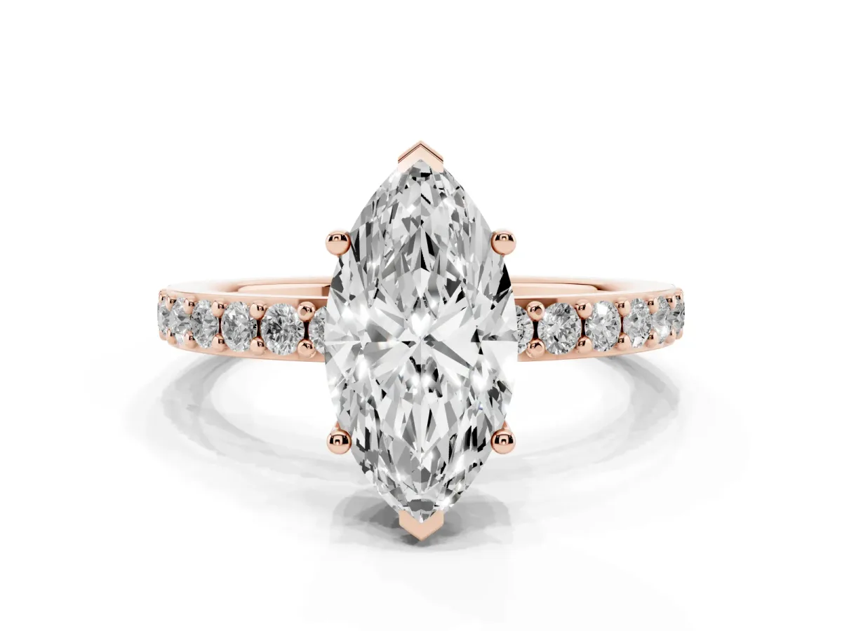 Marquise Cut Cut Diamond Solitaire with Pave Band and Four-Prong Setting Rose gold