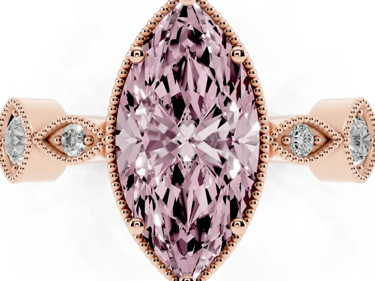 Fancy Pink Marquise Cut Diamond Vintage Milgrain Ring with Round Stations Rose gold