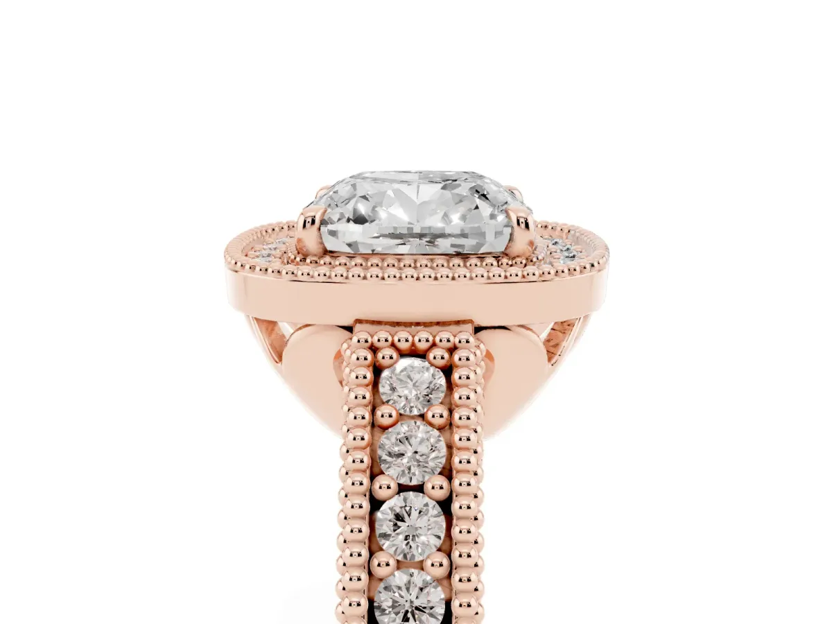 Cushion Cut Cut Halo Diamond Ring with Pavé Band and Four-Prong Setting Rose gold