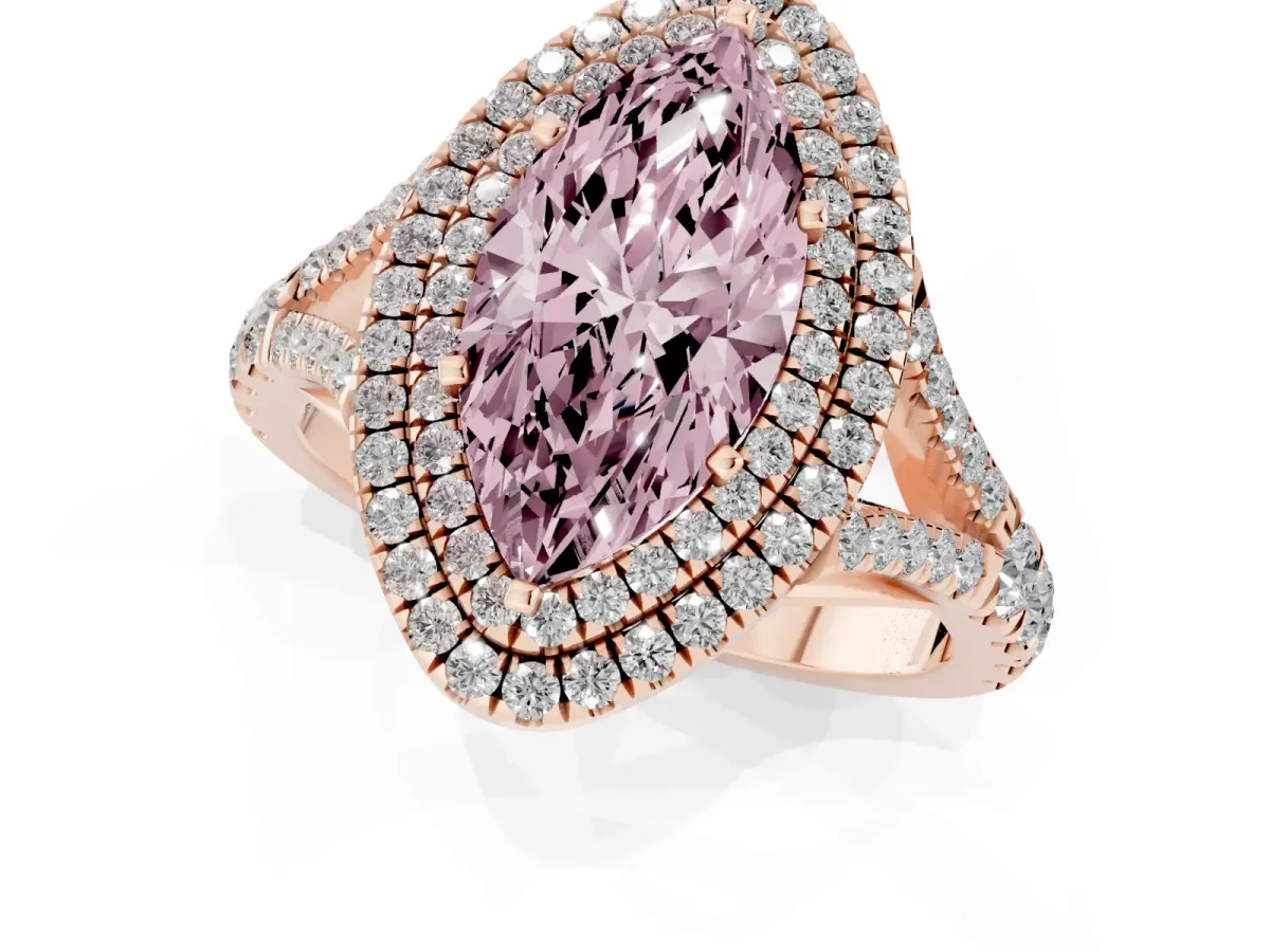 Fancy Pink Marquise Cut Cut Double Halo Split Shank Diamond Ring with Prong Setting Rose gold