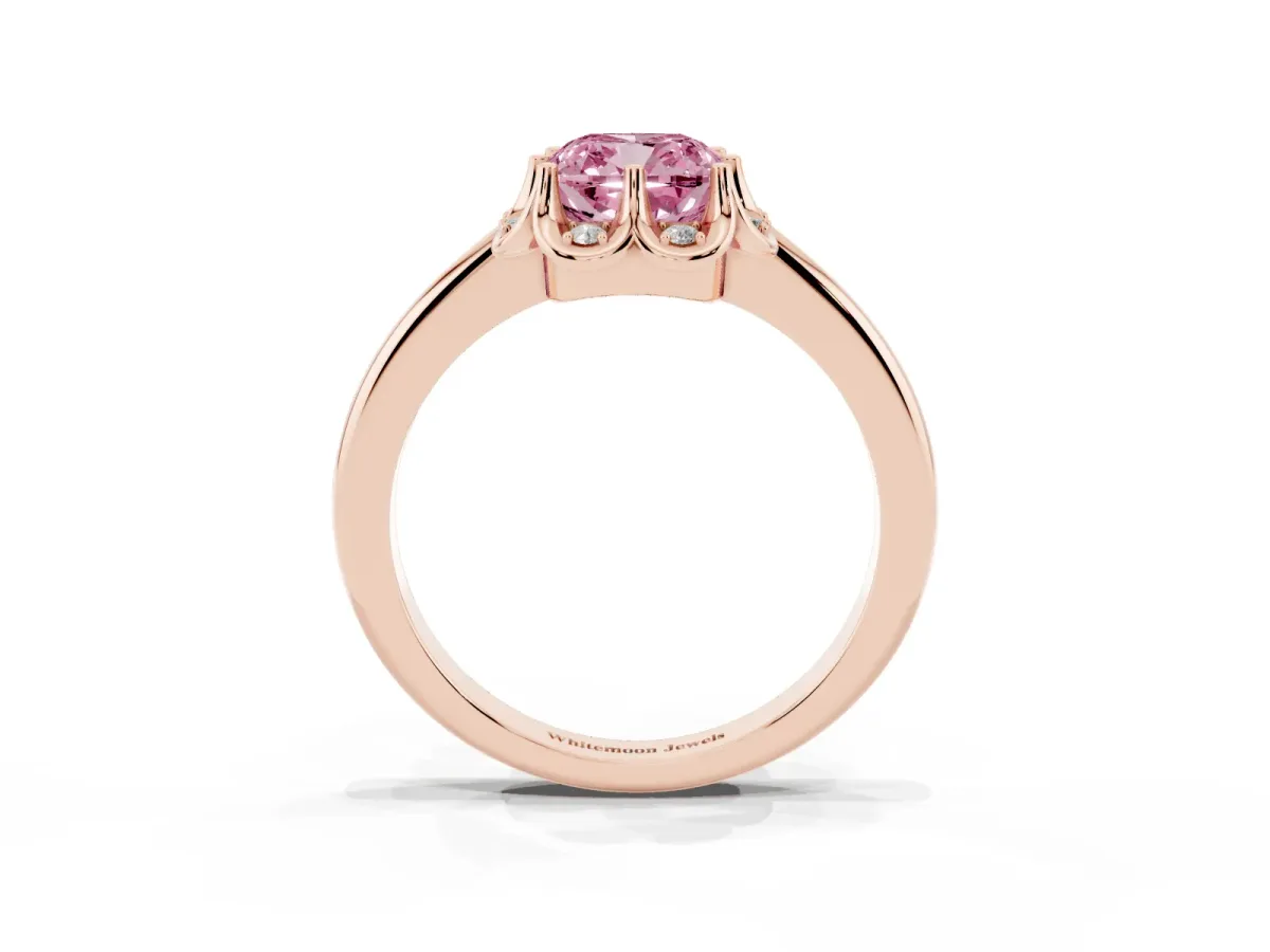 Fancy Pink Cushion Cut Halo Diamond Ring with Round Cluster Setting, Solitaire Band, and Four-Prong Setting Rose gold
