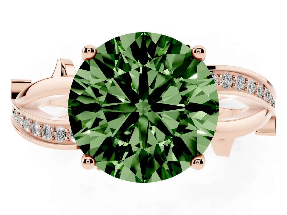 Fancy Green Round Cut Solitaire Twist Band with Pavé Accents and Four-Prong Setting Rose gold