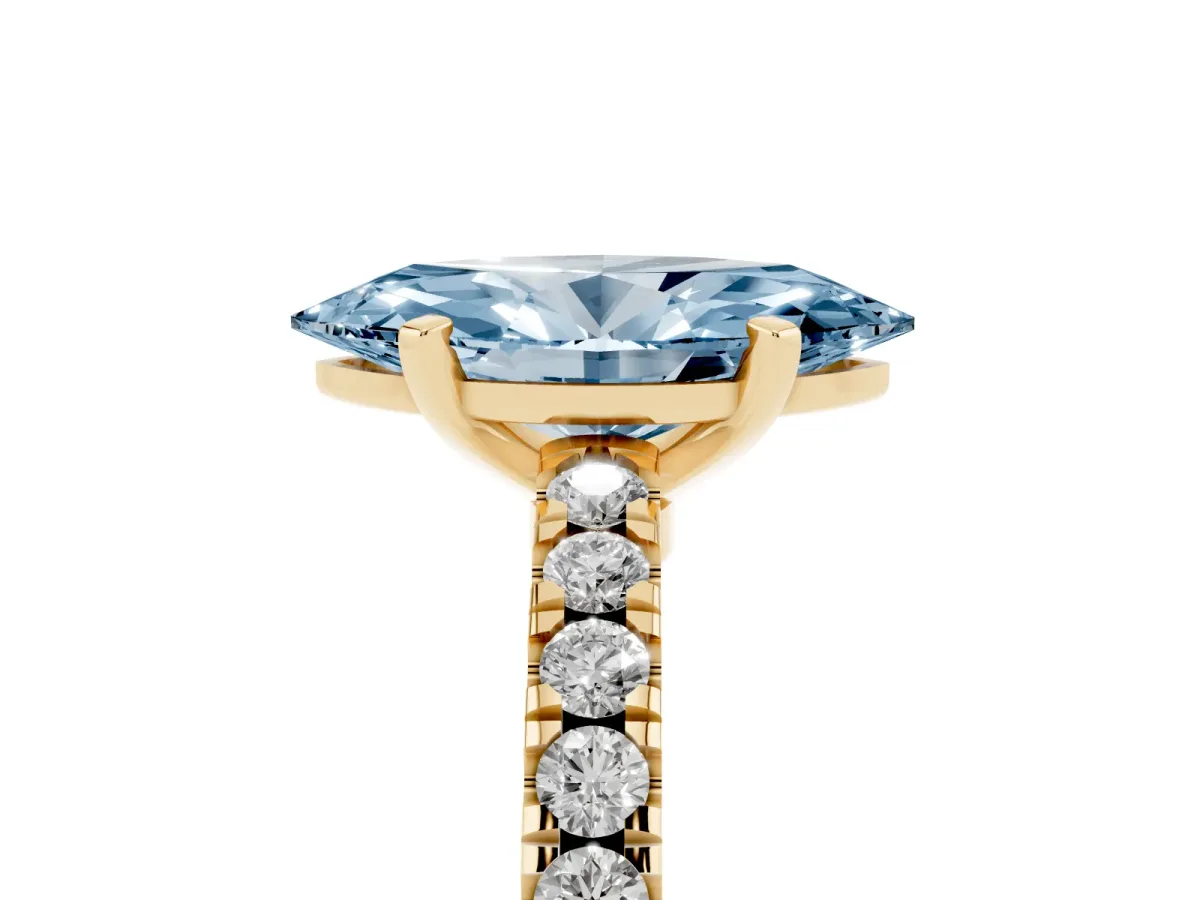 Fancy Blue Marquise Cut Solitaire Diamond with Pavé Band and Four-Prong Setting Yellow gold