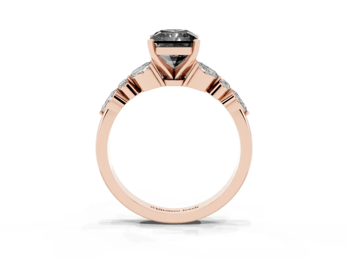 Fancy Black Radiant Cut Diamond Solitaire Ring with Side Stones and Four-Prong Setting Rose gold
