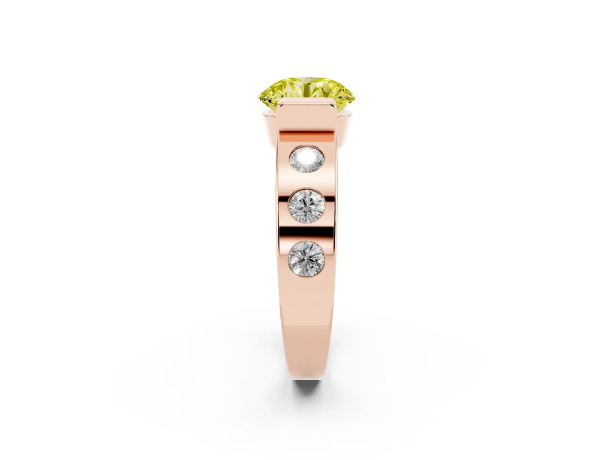 Fancy Yellow Round Cut Brilliant Channel-Set Diamond Ring with Bezel Prong Setting Rose gold