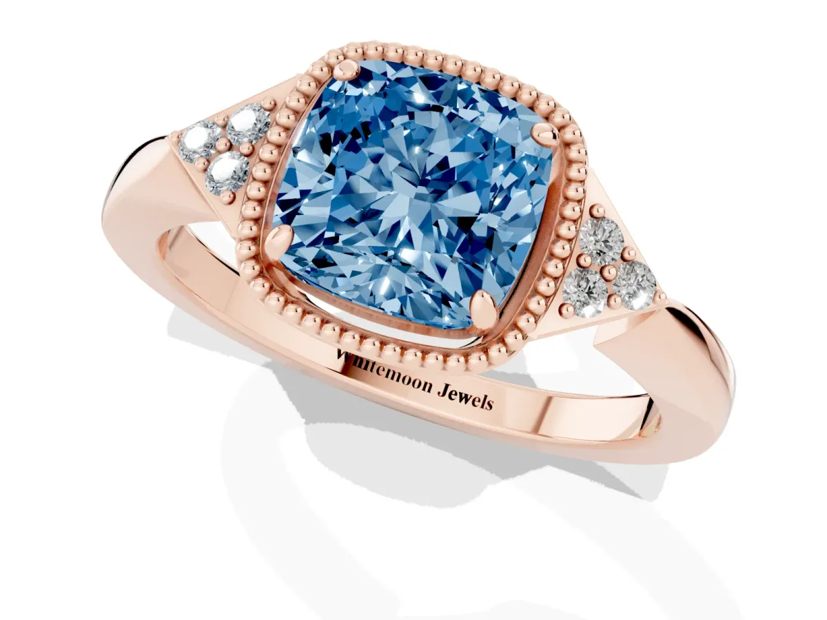 Fancy Blue Cushion Cut Diamond Halo Ring with Tapered Band and Four-Prong Setting Rose gold