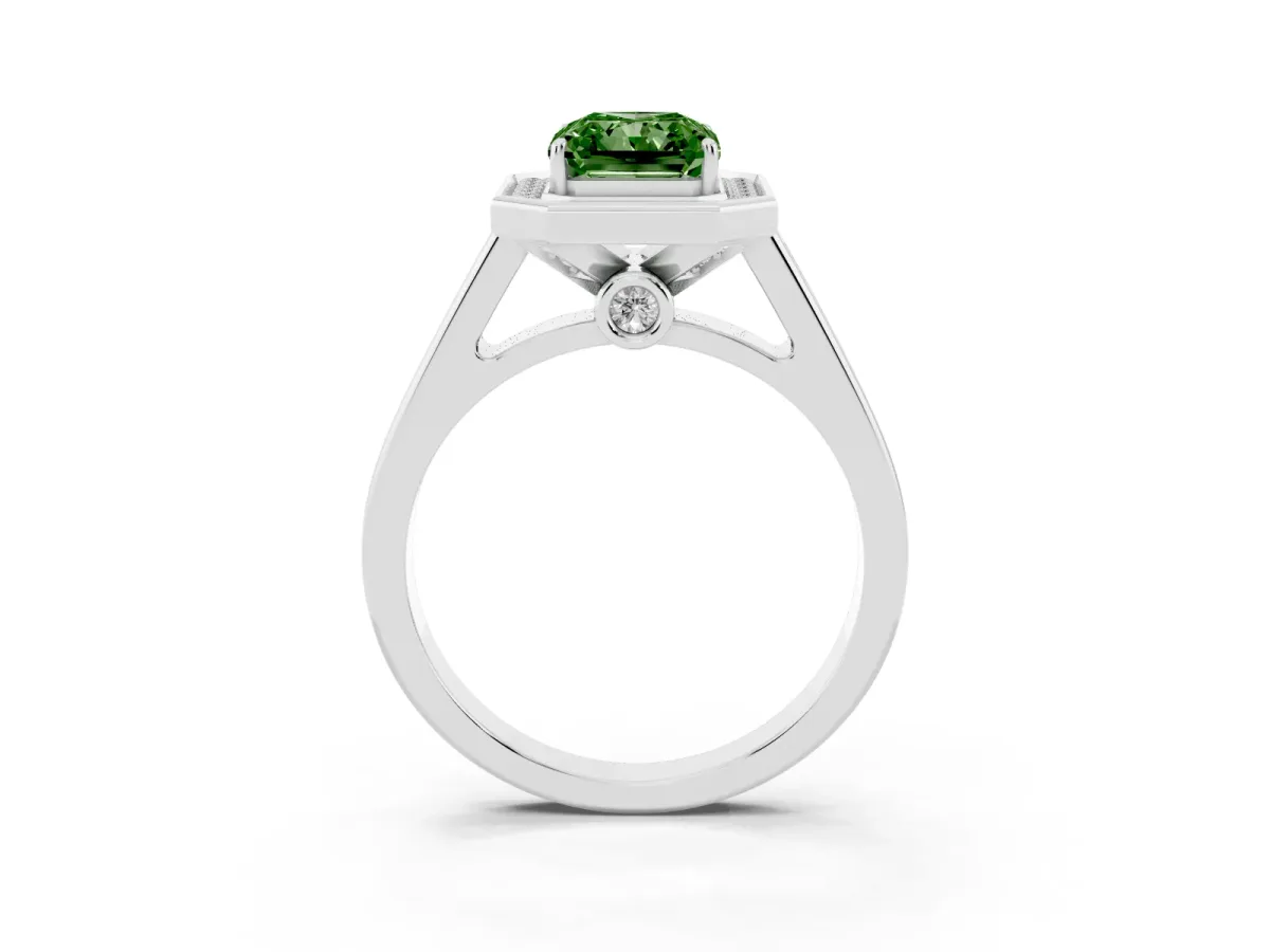 Fancy Green Emerald Cut Halo Solitaire Diamond Ring with Pave Band and Bezel Setting Silver