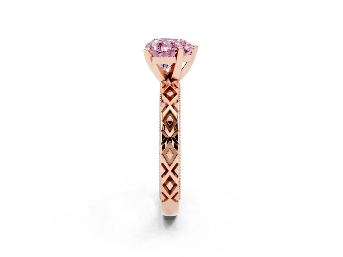 Fancy Pink Heart Cut Solitaire Diamond Ring with Milgrain and Black Enamel X Pattern Band Rose gold