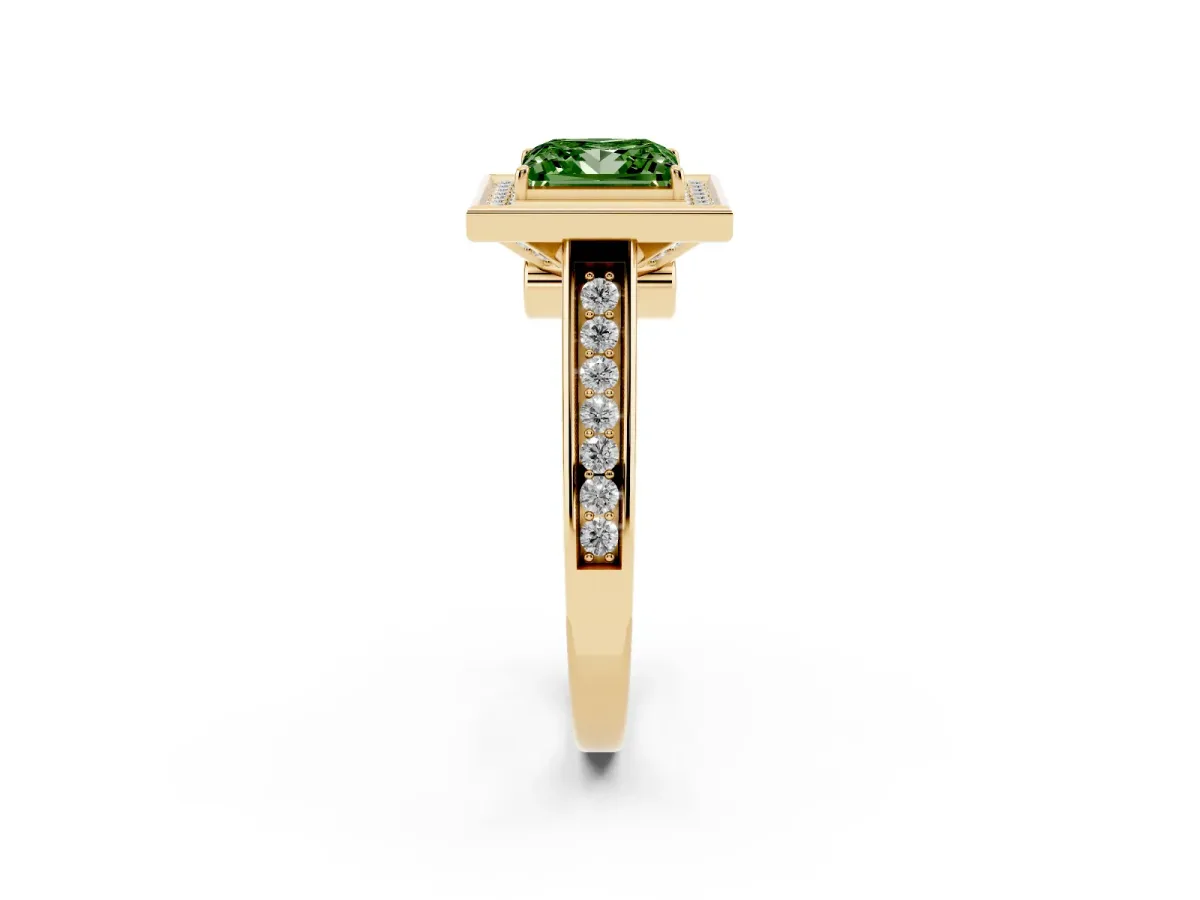 Fancy Green Princess Cut Halo Solitaire Diamond Ring with Pave Band and Bezel Setting Yellow gold