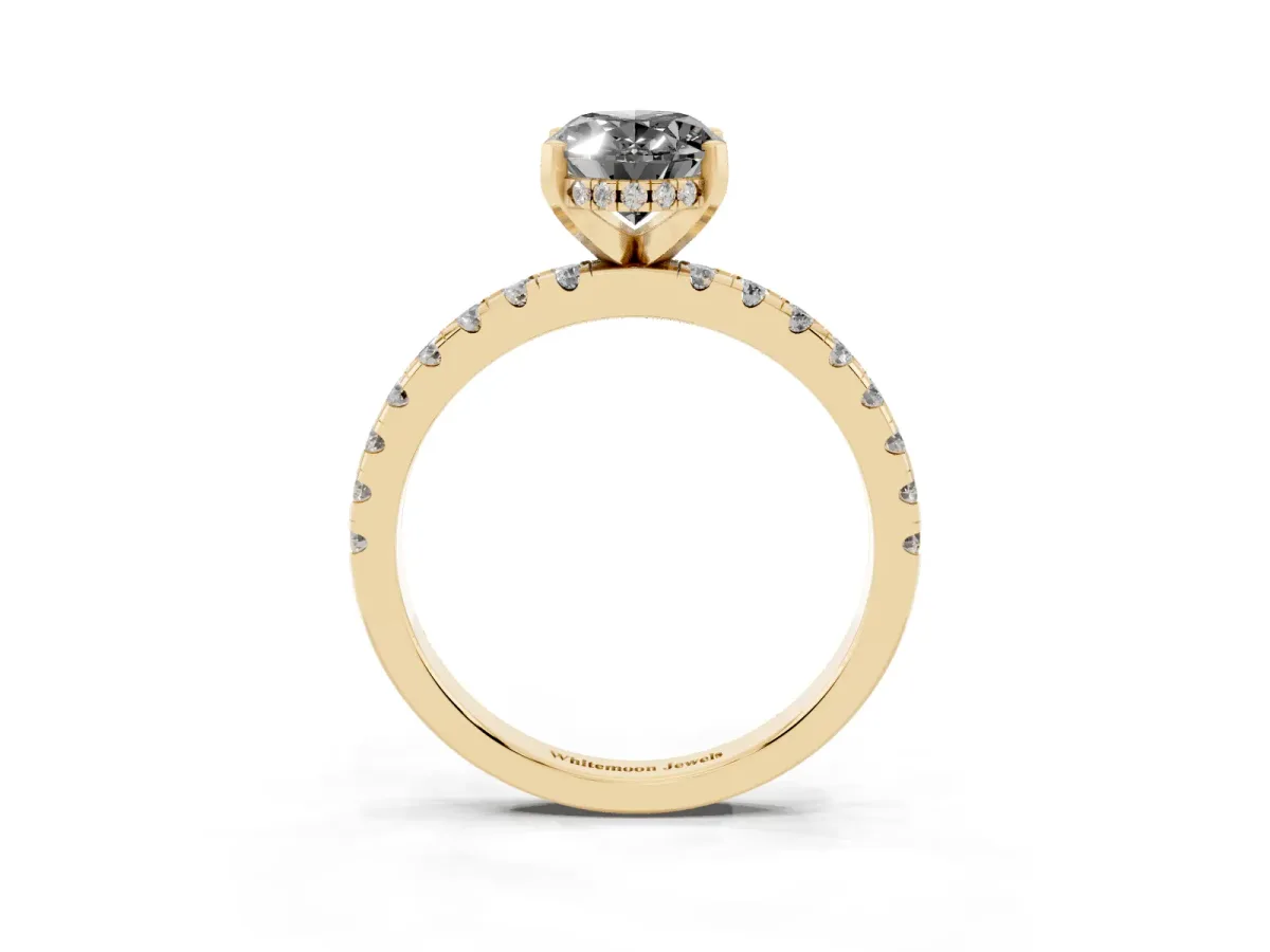 Fancy Black Oval Cut Diamond Solitaire Ring with Round Pavé Band and Four-Prong Setting Yellow gold