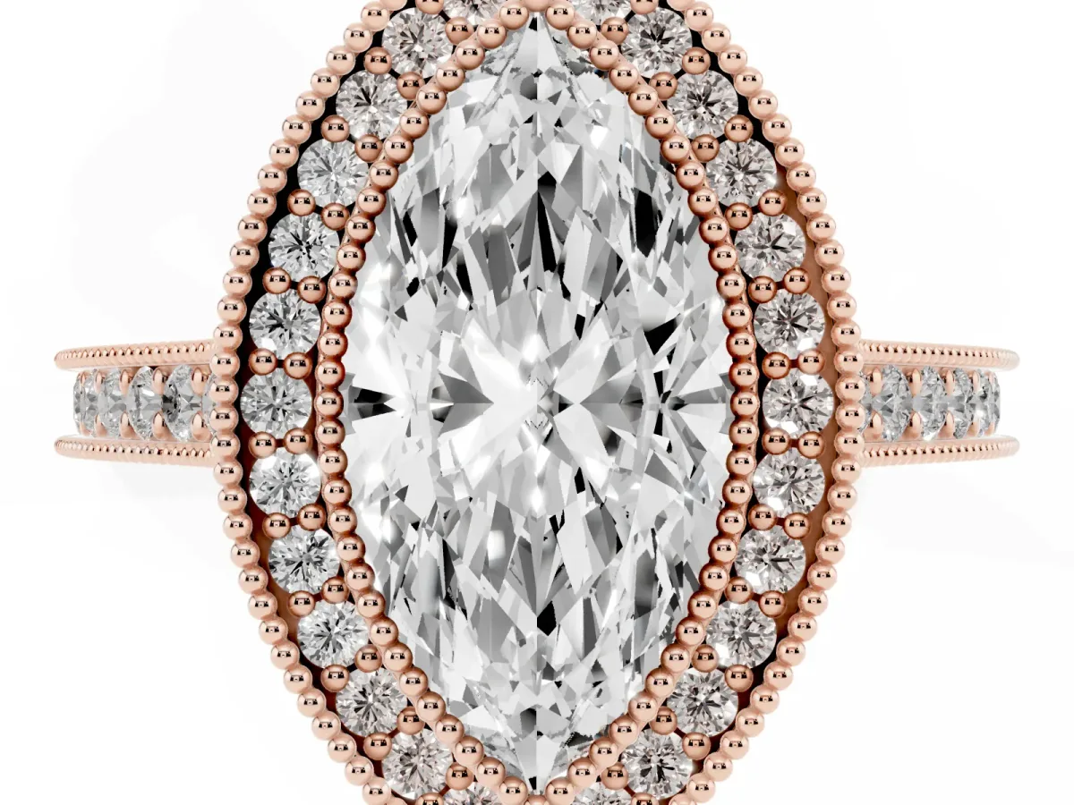 Halo Marquise Cut-Cut Diamond Pave Band Milgrain Prong Setting Ring Rose gold