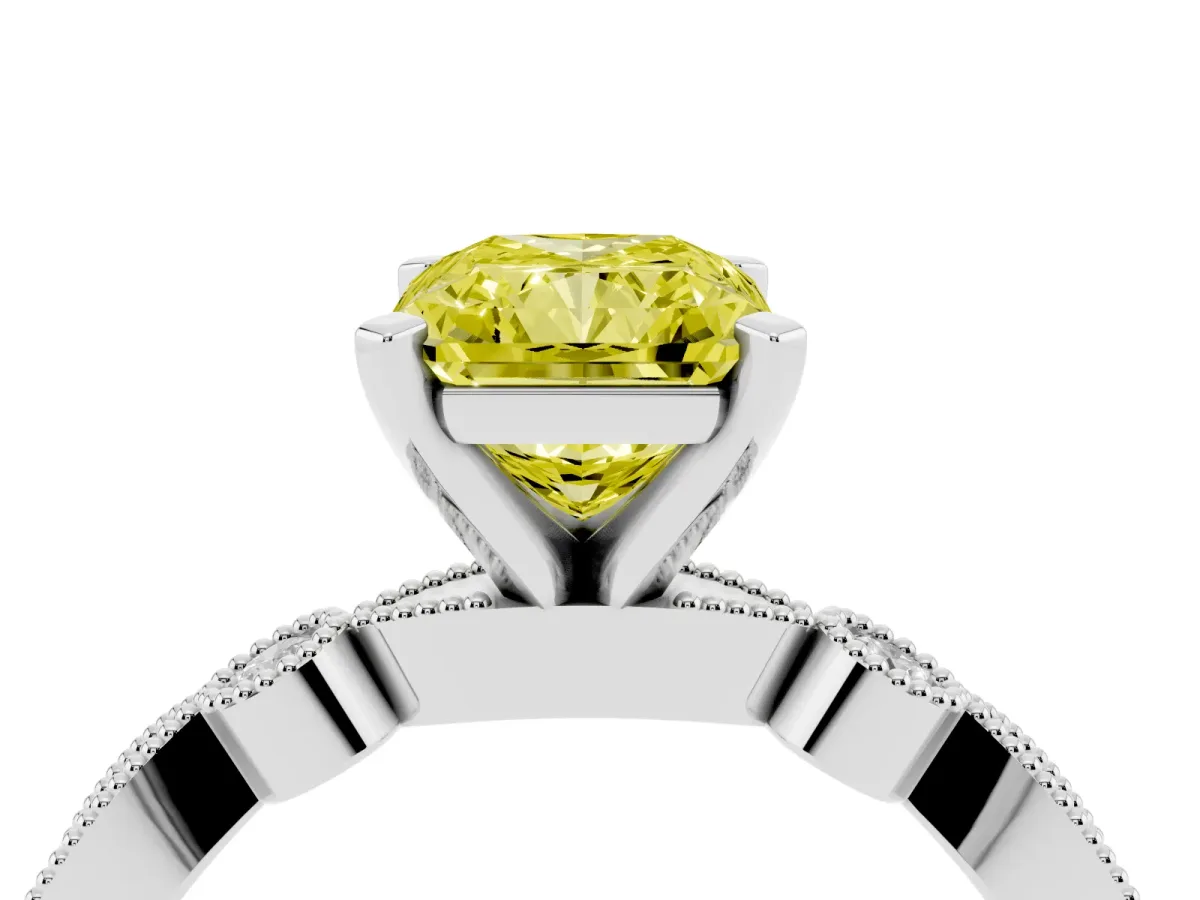Fancy Yellow Radiant Cut Milgrain Bezel Diamond Engagement Ring with Solitaire Prong Setting Silver