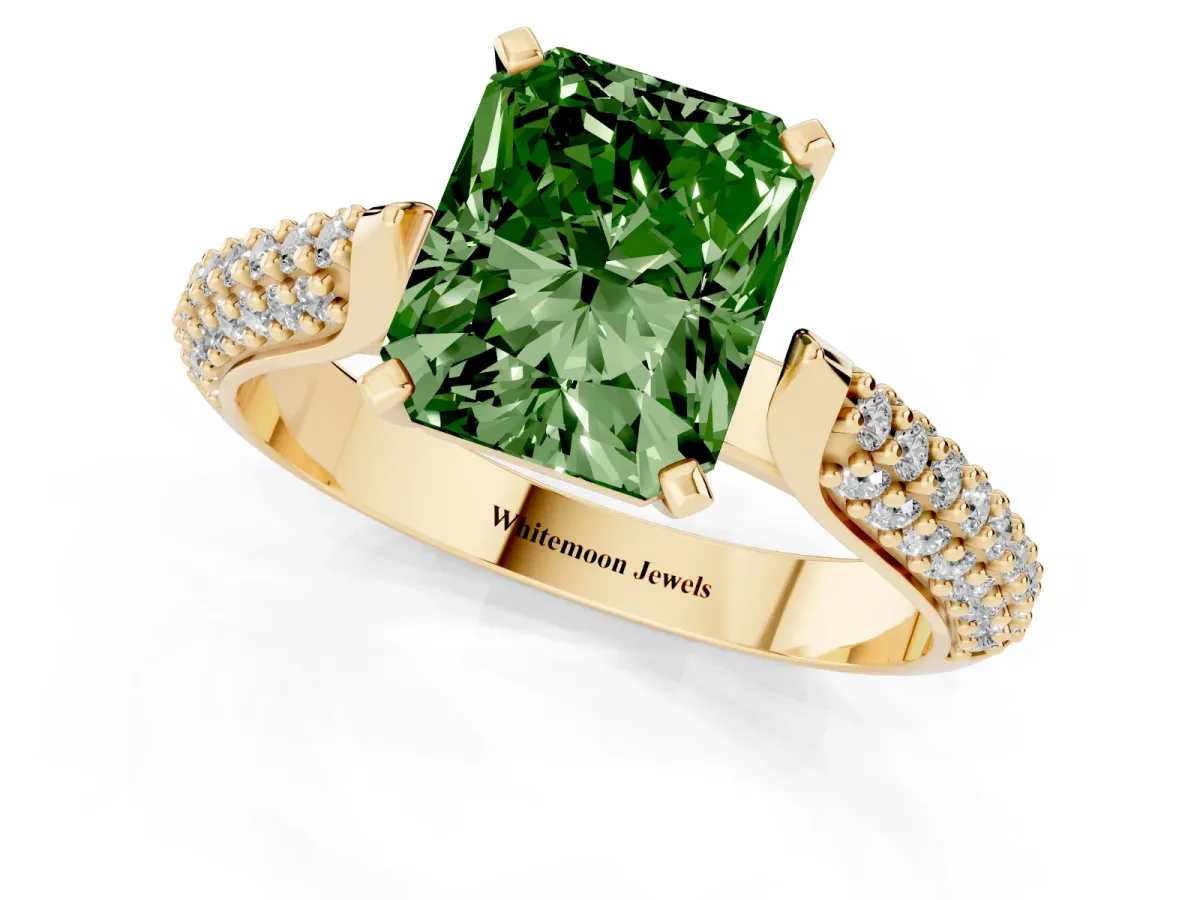 Fancy Green Radiant Cut Diamond Solitaire Engagement Ring with Multi-Row Round Pavé Band and Prong Setting Yellow gold