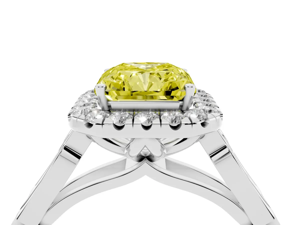 Fancy Yellow Radiant Cut Halo Diamond Engagement Ring with Filigree Band and Four-Prong Setting Platinum