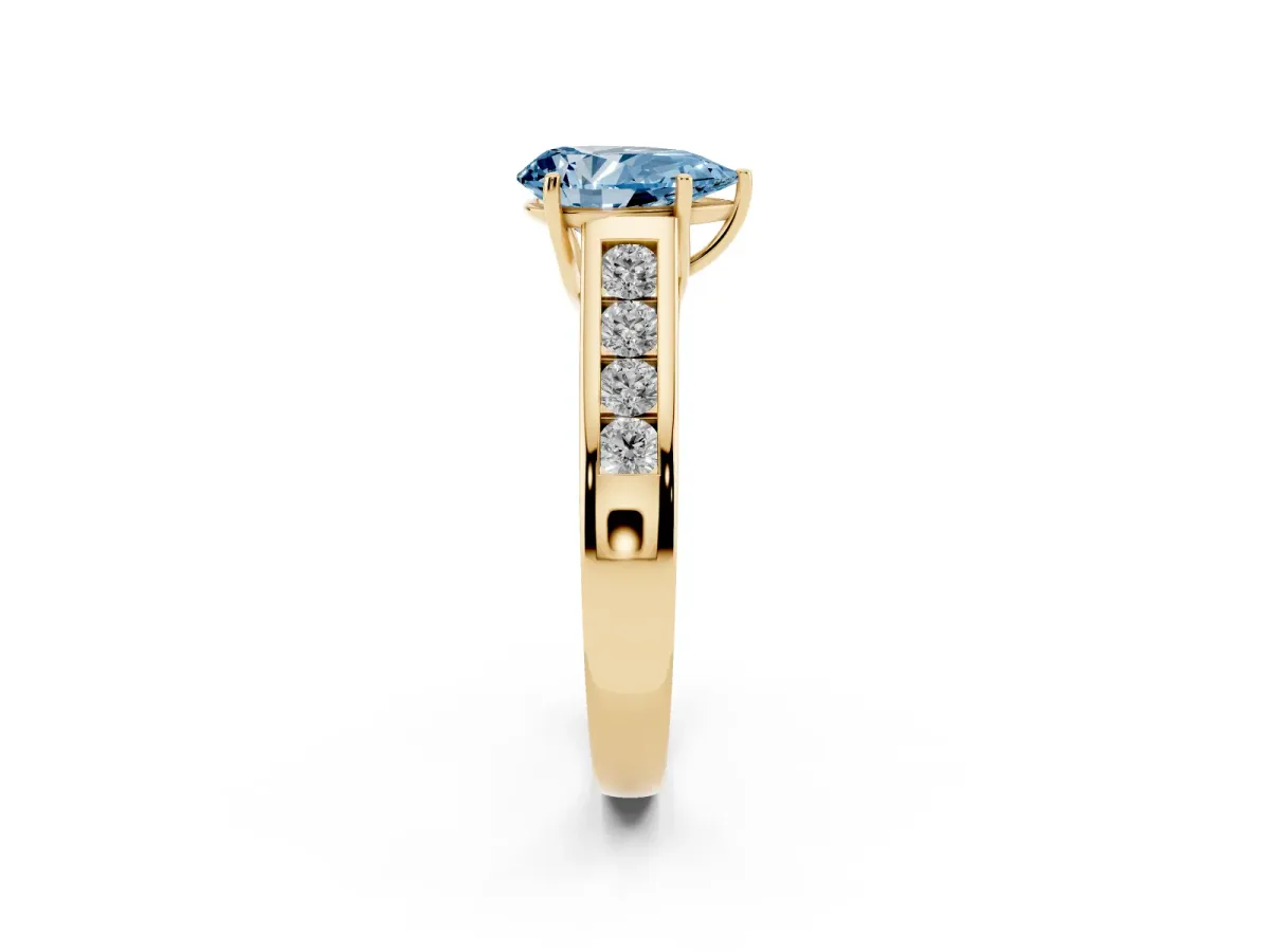 Fancy Blue Pear Cut Solitaire Channel-Set Diamond Engagement Ring with Four-Prong Setting Yellow gold