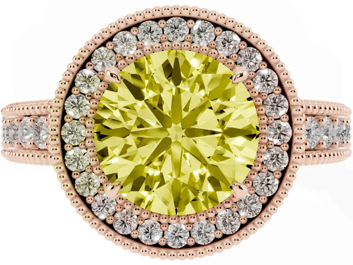 Fancy Yellow Round Cut Cut Halo Diamond Ring with Pavé Band and Four-Prong Setting Rose gold
