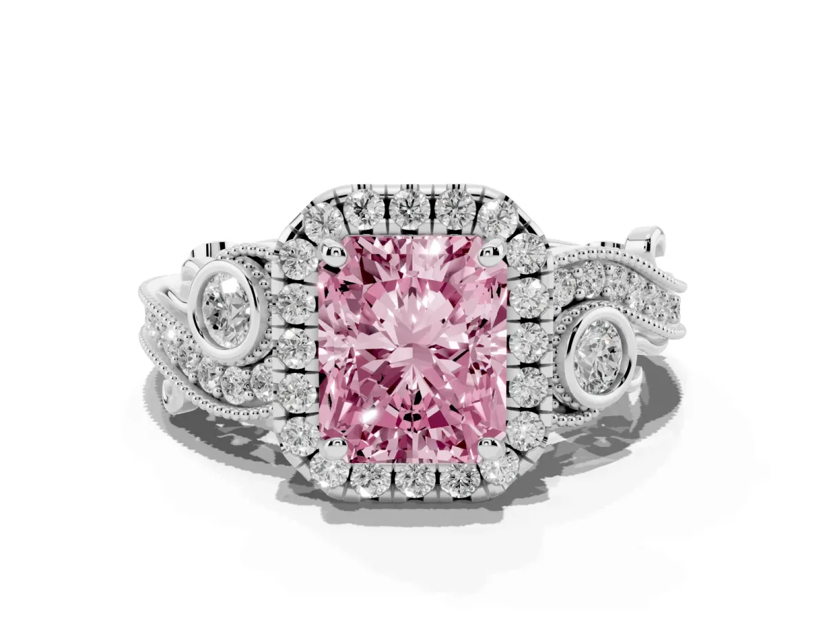 Fancy Pink Radiant Cut Halo Diamond Ring with Milgrain and Bezel Accents on a Split Shank Band Platinum