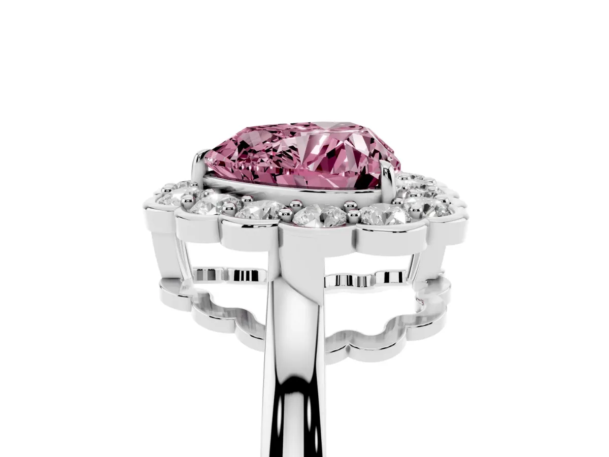 Fancy Pink Heart Cut Halo Cluster Diamond Engagement Ring with Solitaire Band and Prong Setting Platinum