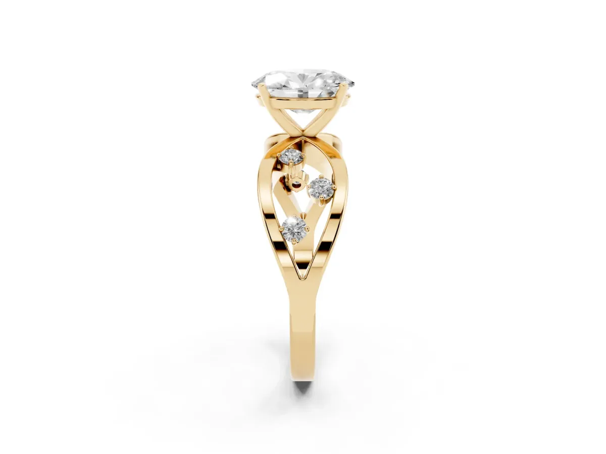 Oval Cut Cut Solitaire Diamond with Side Stones on Criss-Cross Band and Four-Prong Setting Yellow gold