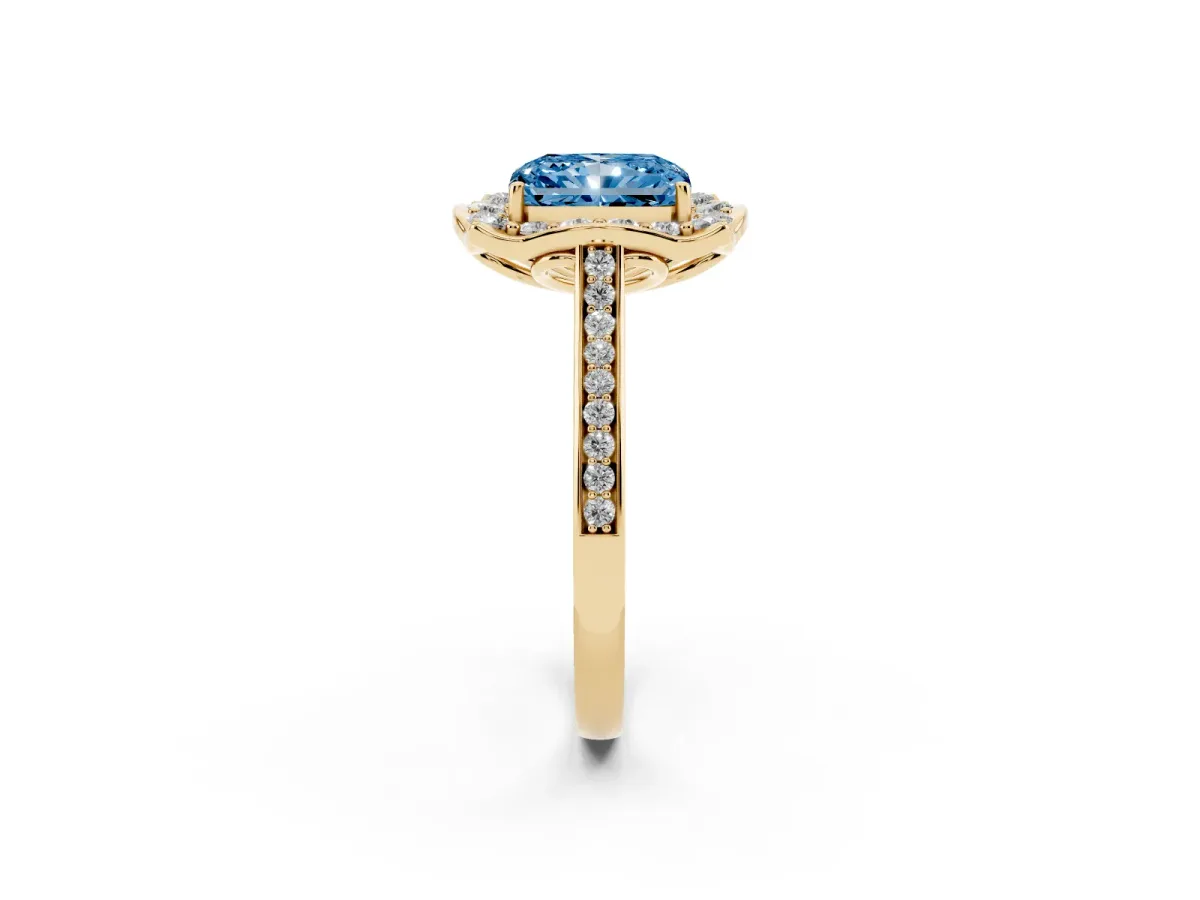 Fancy Blue Radiant Cut Halo Round Diamond Pave Band with Four-Prong Setting Yellow gold