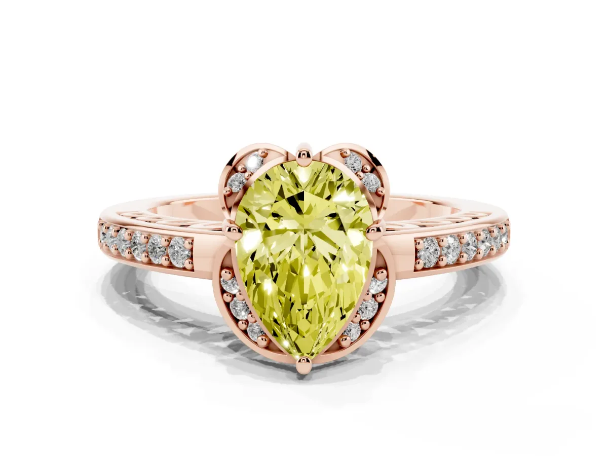 Fancy Yellow Pear Cut Cut Halo Diamond Ring with Channel Set Band and Four-Prong Setting Rose gold