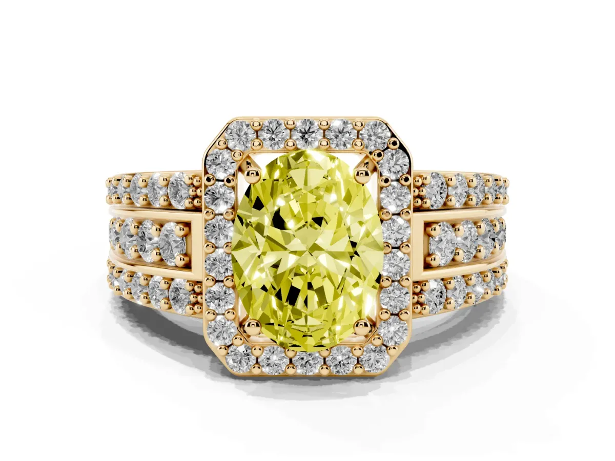 Fancy Yellow Oval Cut Halo Diamond Ring with Round Split Shank and Prong Setting Yellow gold