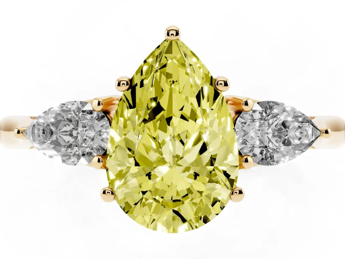 Fancy Yellow Pear Cut Diamond Three-Stone Ring with Pear Side Stones and Prong Setting Yellow gold