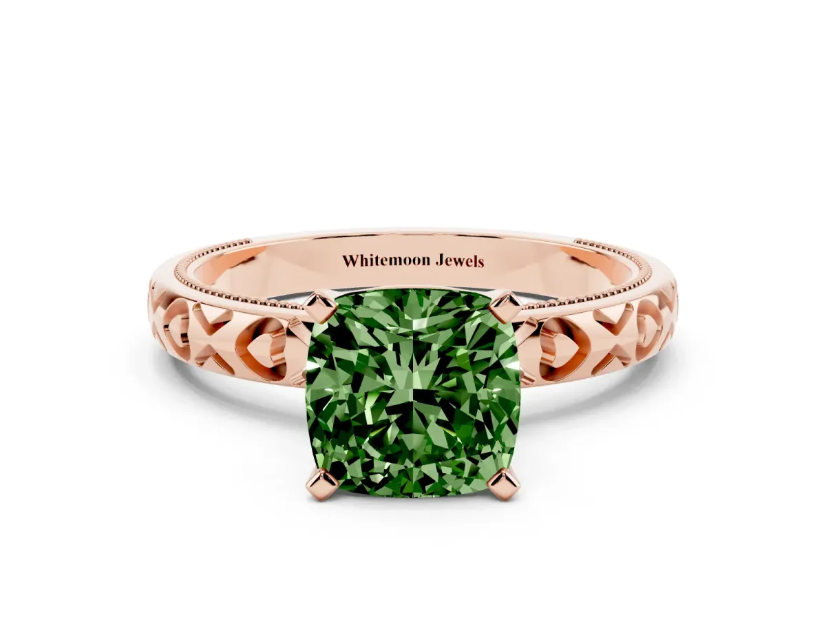 Fancy Green Cushion Cut Solitaire Diamond Engagement Ring with XO Engraved Band and Four-Prong Setting Rose gold