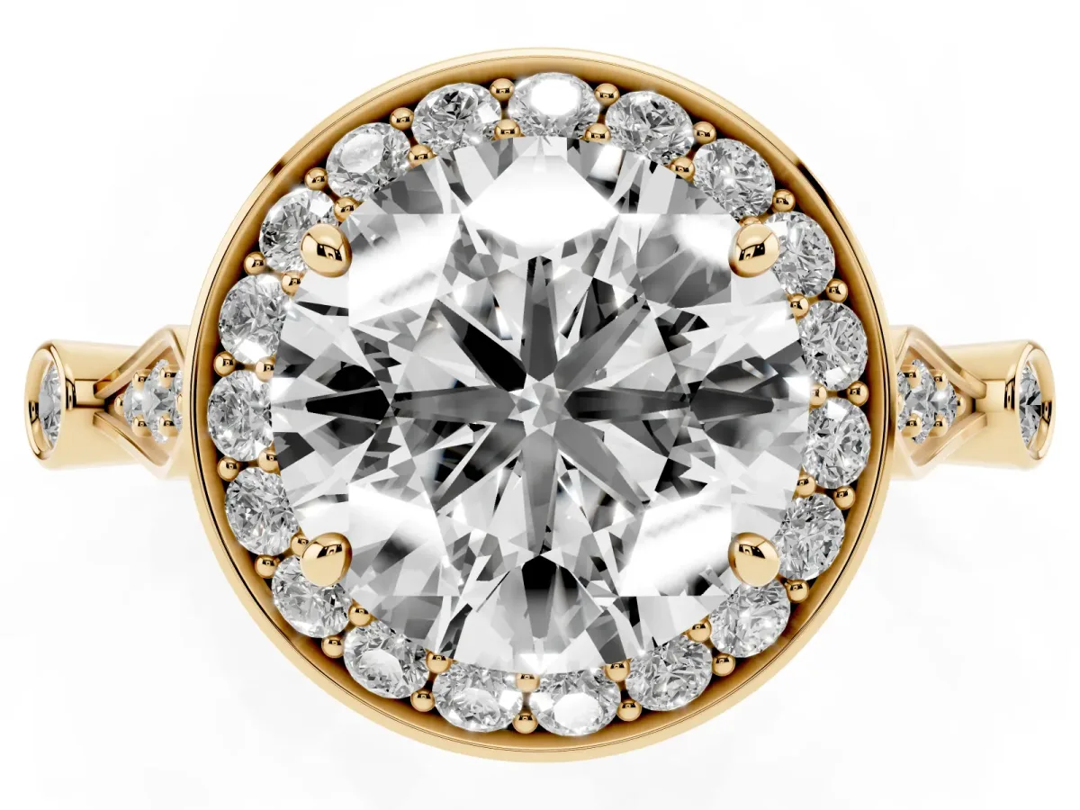 Round Cut Halo Diamond Engagement Ring with Twisted Band and Four-Prong Setting Yellow gold