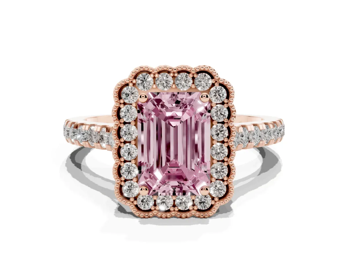 Fancy Pink Emerald Cut Cut Diamond Milgrain Floral Halo Engagement Ring with Pavé Band Rose gold