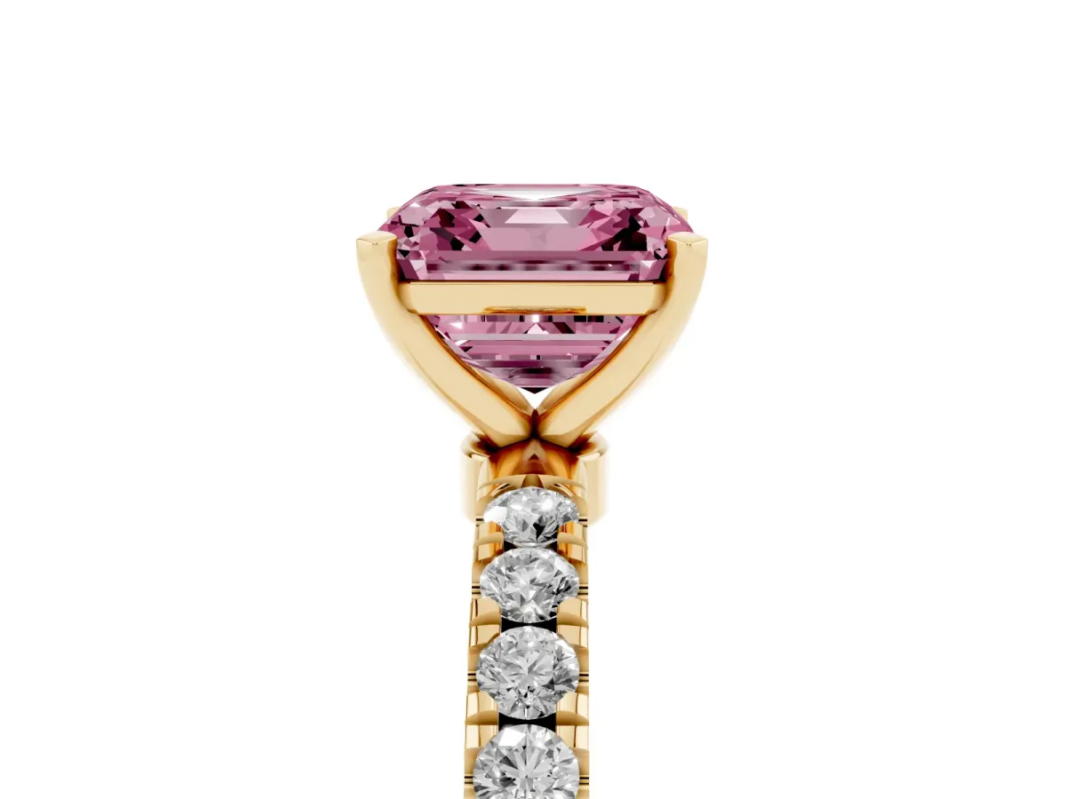 Fancy Pink Asscher Cut Diamond Solitaire Ring with Pavé Accents and Four-Prong Setting Yellow gold
