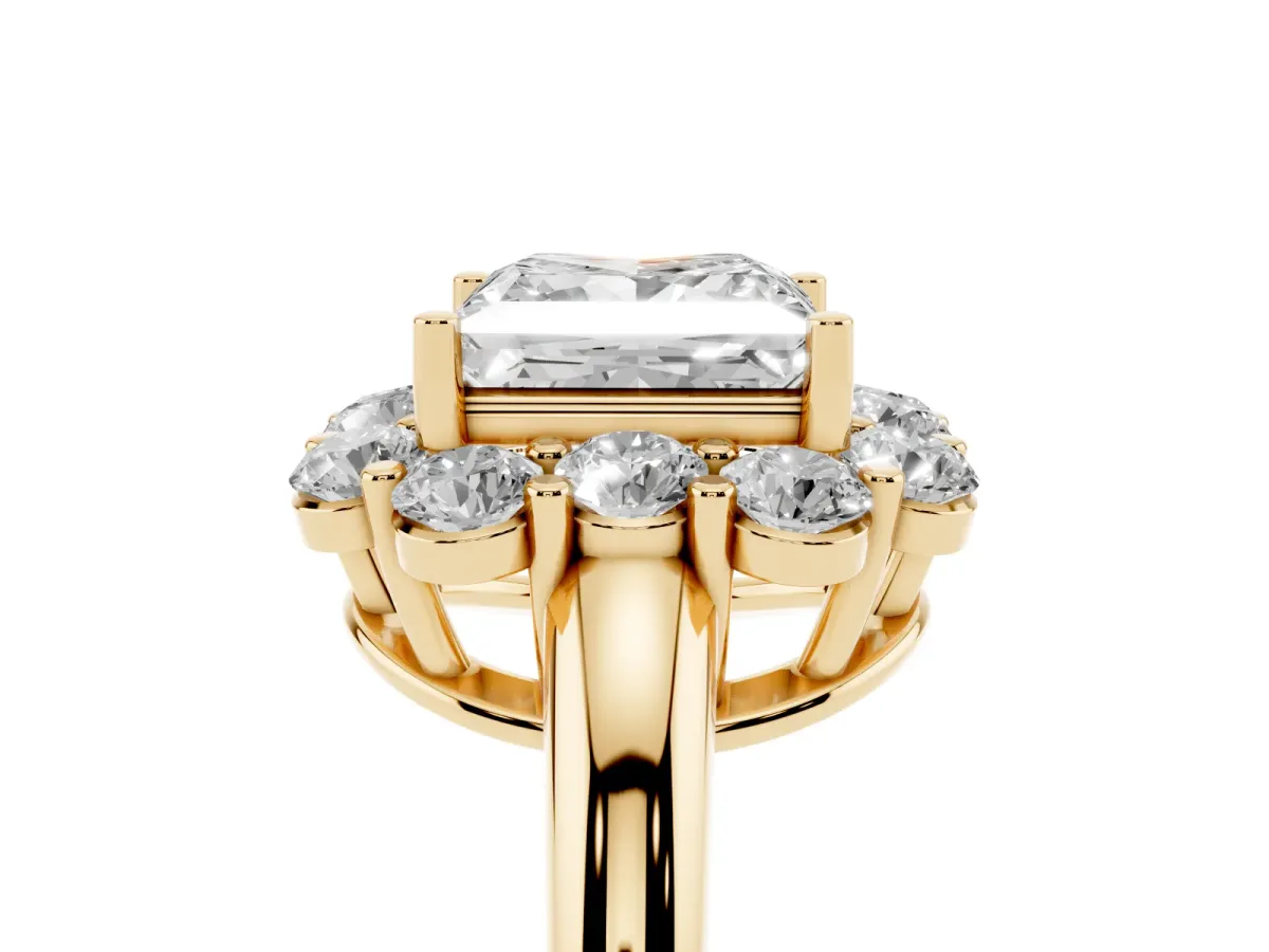 Princess Cut Halo Milgrain Solitaire with Bezel Set Side Stones and Pave Band Yellow gold