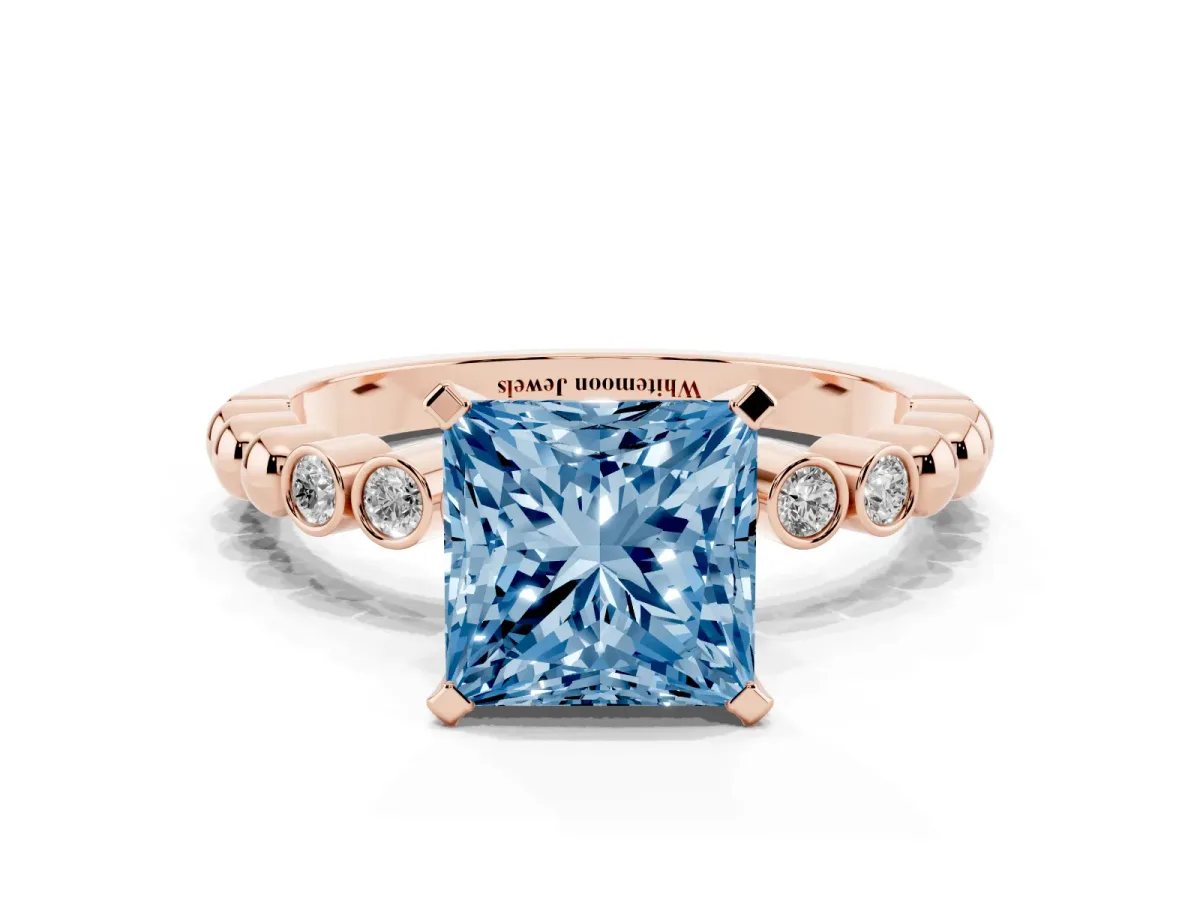 Fancy Blue Princess Cut Solitaire Bezel Accent Diamond Engagement Ring with Beaded Band and Four-Prong Setting Rose gold