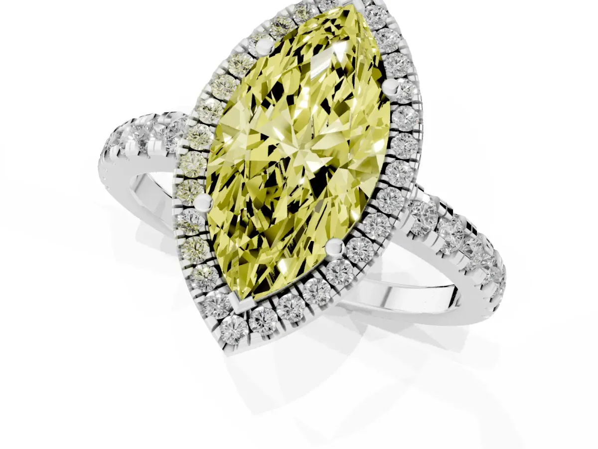 Fancy Yellow Marquise Cut Diamond Halo Ring with Pavé Band and Four-Prong Setting Platinum