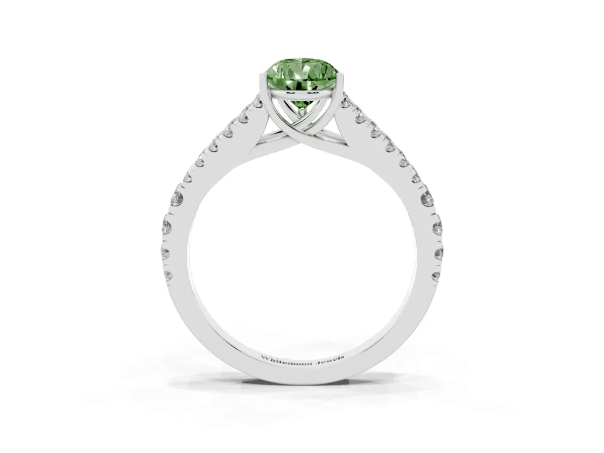 Fancy Green Pear Cut Diamond Split Shank Engagement Ring with Round Pavé and Prong Setting Platinum