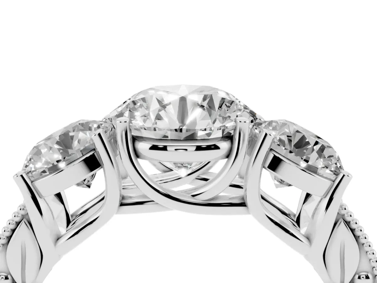 Three-Stone Round Cut Cut Milgrain Pavé Engagement Ring Silver