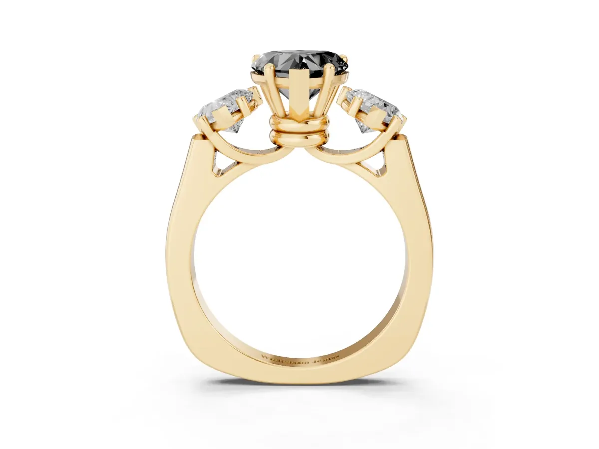 Fancy Black Three-Stone Heart Cut Brilliant Diamond Trellis Ring with Comfort Fit Band Yellow gold