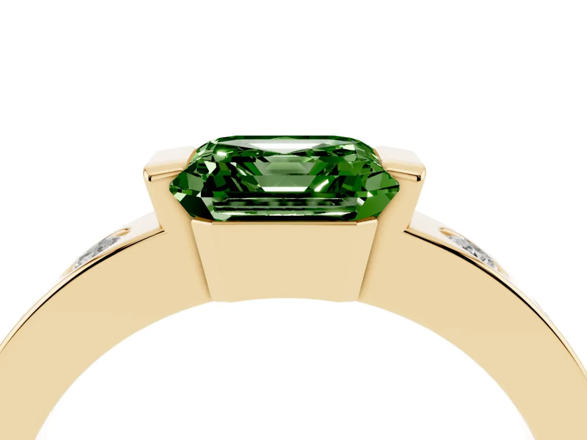 Fancy Green Asscher Cut Brilliant Channel-Set Diamond Ring with Bezel Prong Setting Yellow gold