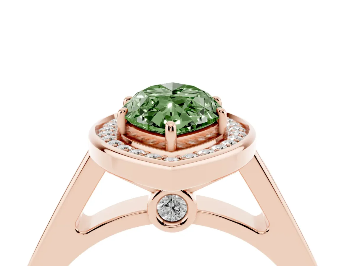 Fancy Green Marquise Cut Halo Solitaire Diamond Ring with Pave Band and Bezel Setting Rose gold