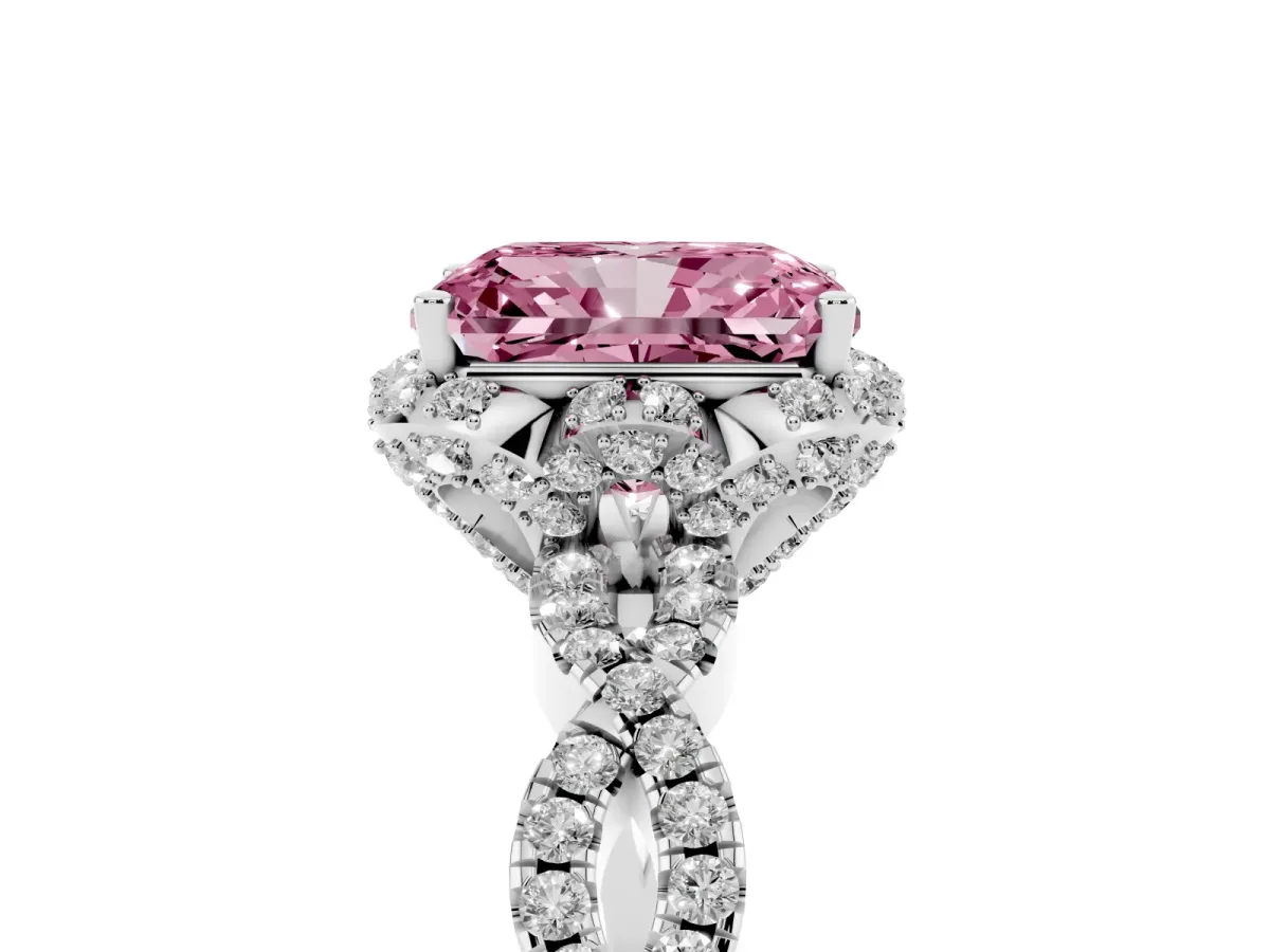 Fancy Pink Radiant Cut Halo Twist Band Solitaire Ring with Six-Prong Setting White gold
