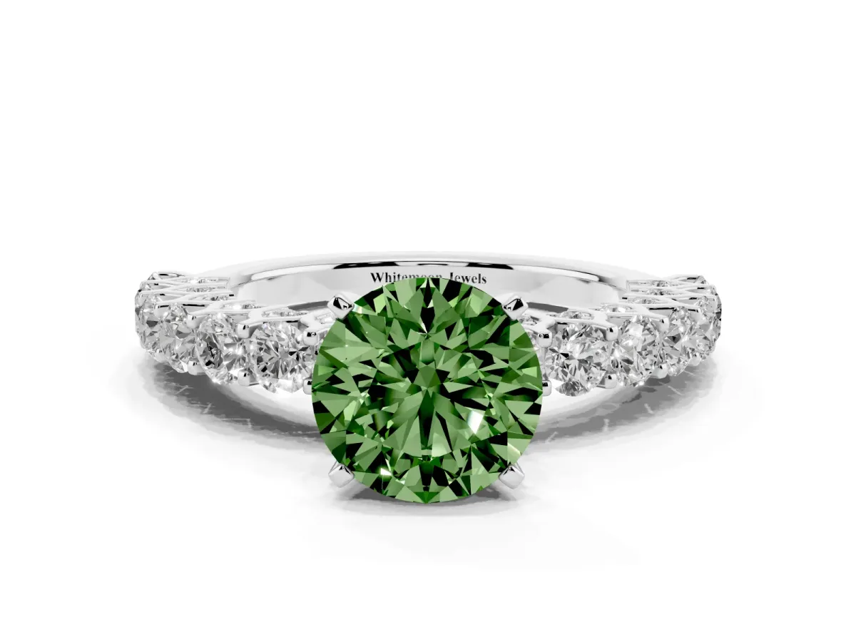 Fancy Green Round Cut Diamond Solitaire Ring with Shared Prong Pavé Band and Four-Prong Setting Silver