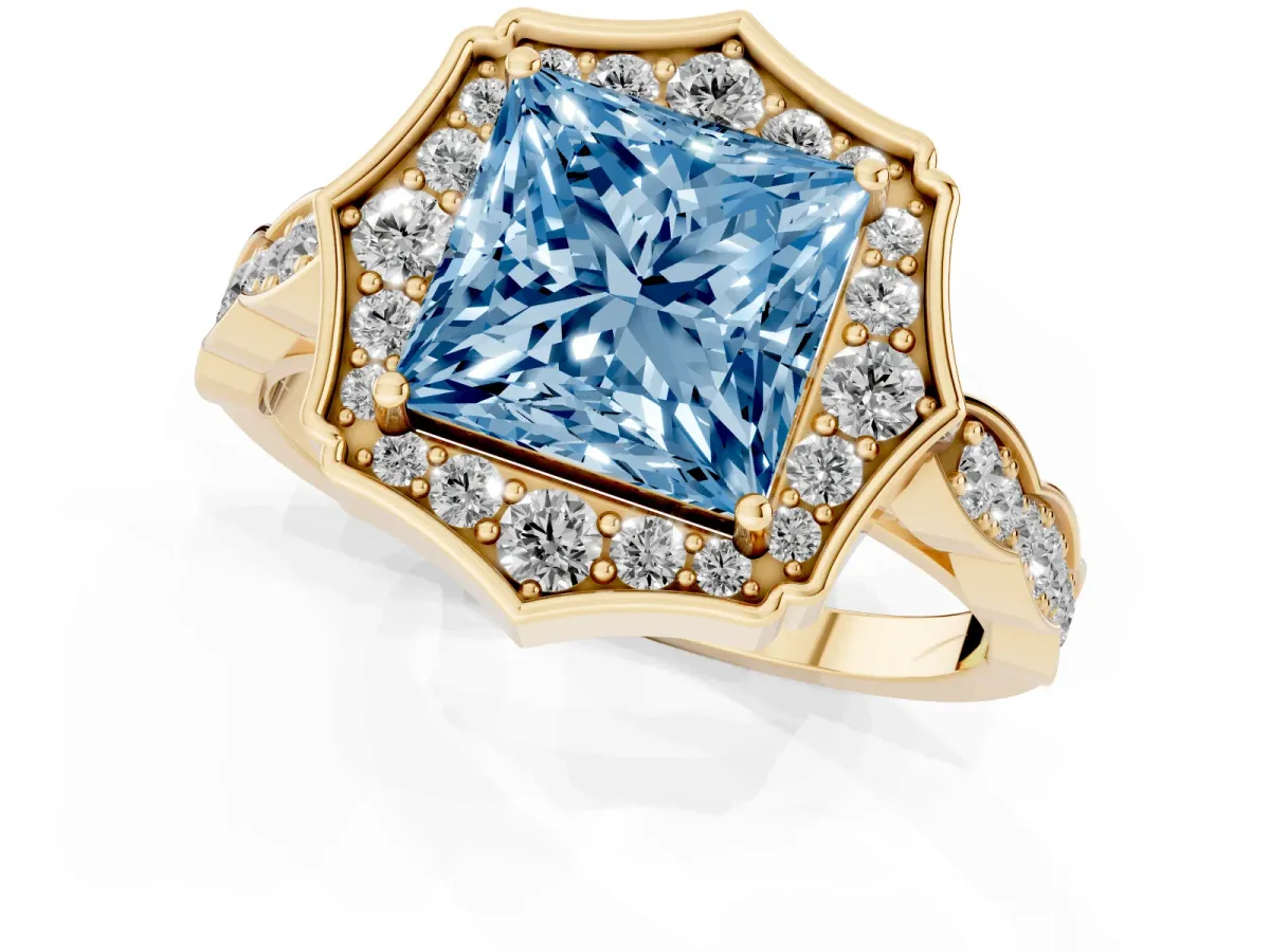 Fancy Blue Princess Cut Halo Diamond Engagement Ring with Milgrain Band and Four-Prong Setting Yellow gold